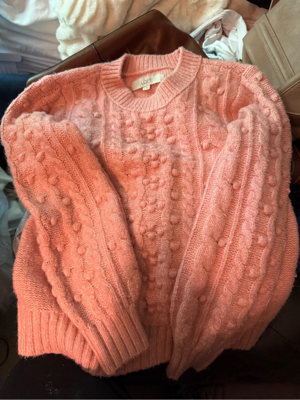LOFT Dusty Rose Cable Bobble Crewneck Sweater - Picture 3 of 6